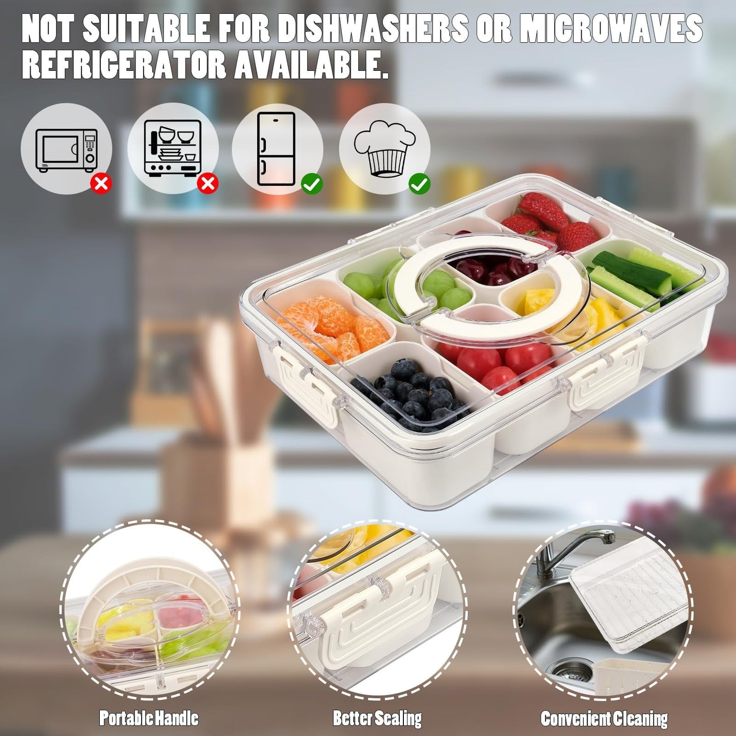 ✨🍒Divided Snack Box Container ,8 Grid Airtight Organizer for Fruits, Nuts & Candy🥨