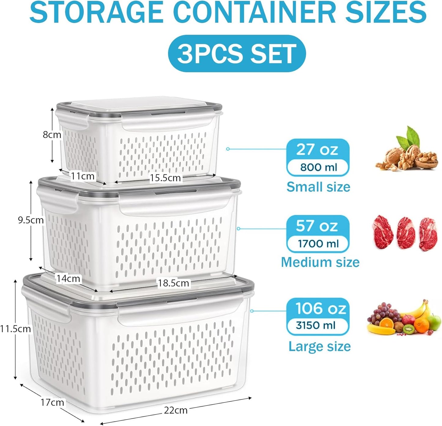 🎖️🍓3PCS Leakproof Produce Storage Bins With Removable Colander 💧