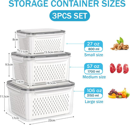 🎖️🍓3PCS Leakproof Produce Storage Bins With Removable Colander 💧