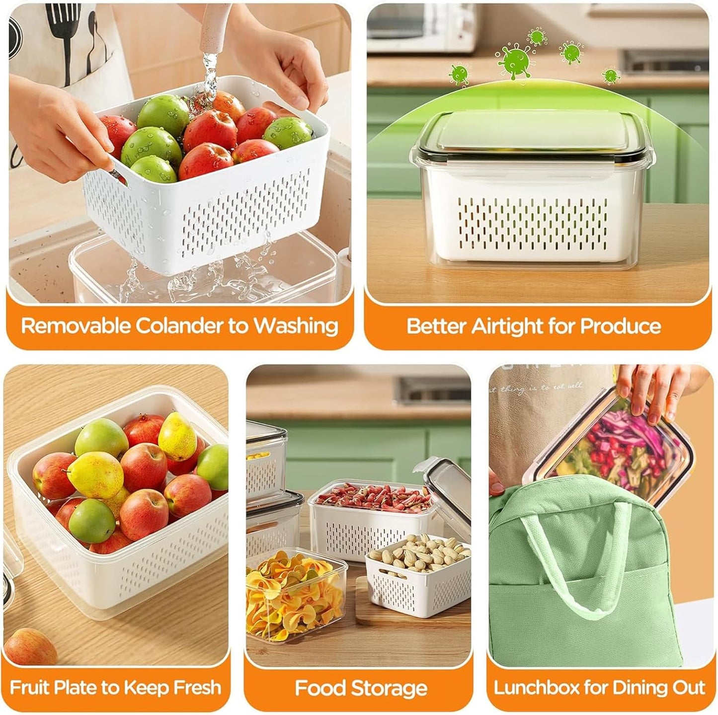 🎖️🍓3PCS Leakproof Produce Storage Bins With Removable Colander 💧
